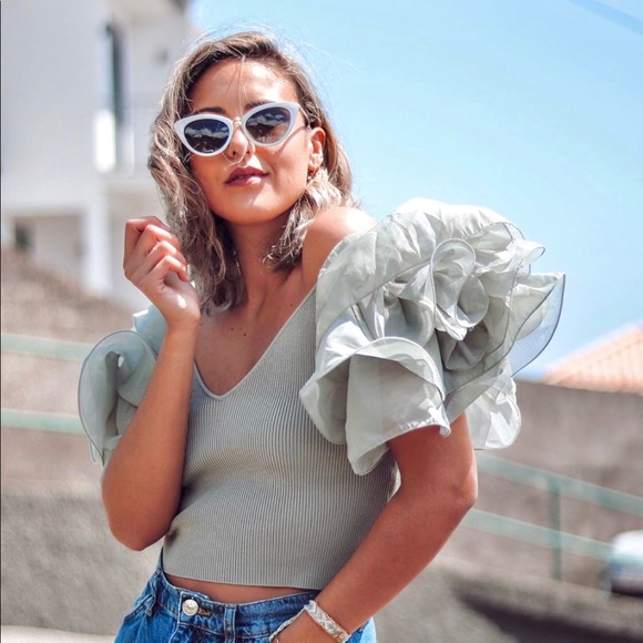 NWT Zara Blogger Fav Green Gray Organza Crop Top - Picture 9 of 16